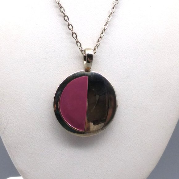 Vintage Reversible Circle Pendant Necklace, Silver Tone on Chain - Picture 2 of 5